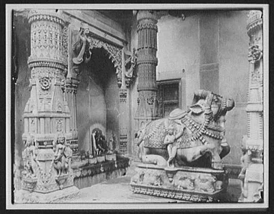Benares - interior of a Hindu Temple to Siva, showing sacred bull and…, India, Varanasi, 1895