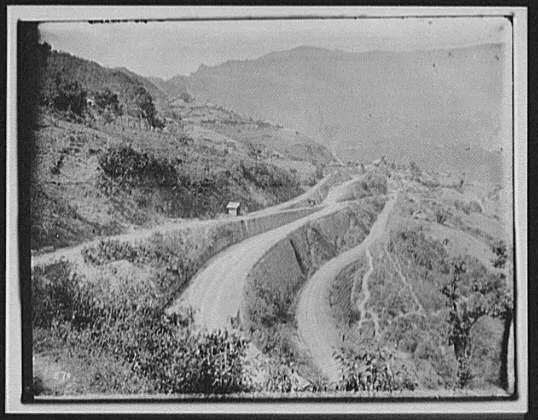 Looking down East Bengal Railway line into mountain valley, India, 1895