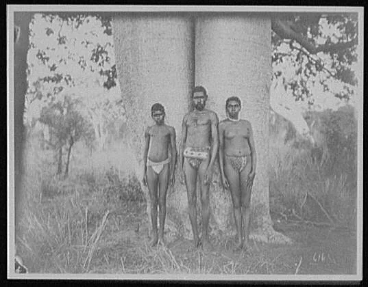 Kings [sic] Sound - aborigine man, woman, and boy in loin-clothes,…, Western Australia, 1895