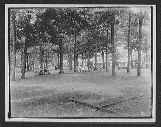 Picnic tables in city park; Hotel Detroit in background, New Zealand, 1895