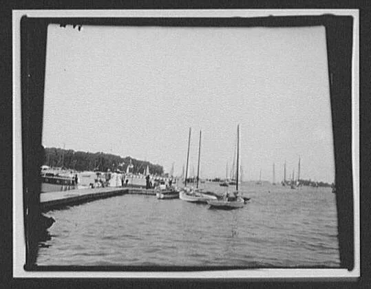Harbor scene; sailboats and other boats at dock, New Zealand, 1895