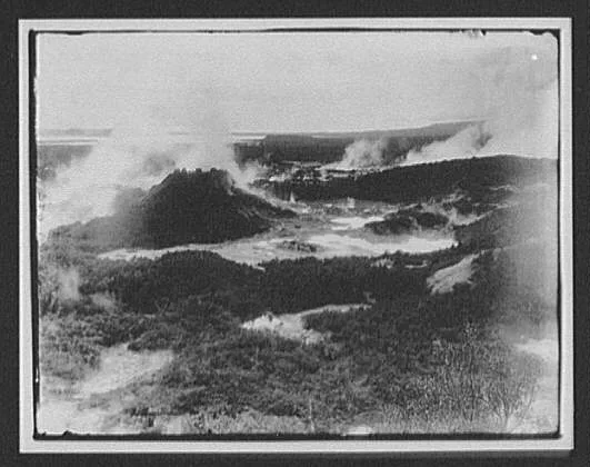 Whakarewarewa geysers on the Waikete geyser crater at Hot Springs, New Zealand, 1895