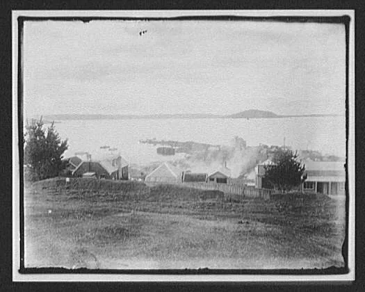 View of coastal town, New Zealand, 1895