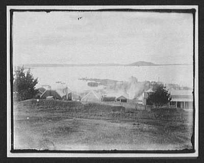 View of coastal town, New Zealand, 1895
