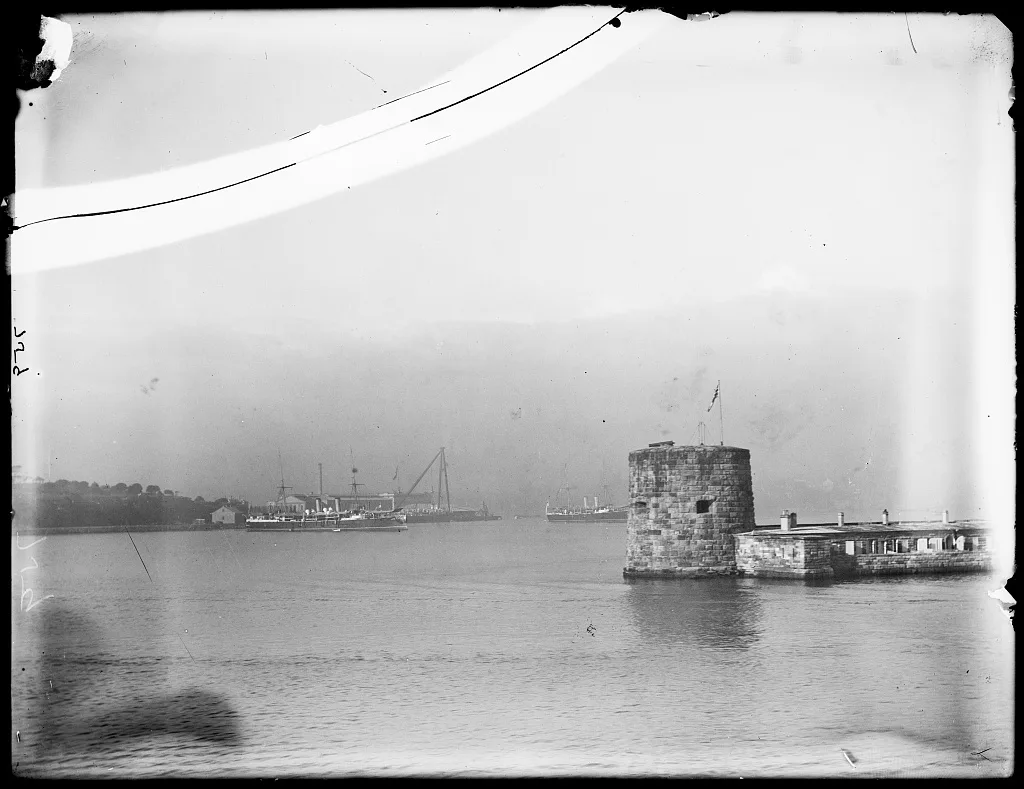 Old stone fortress at harbor entrance, Australia, Fort Denison, Sydney, New South Wales, 1895