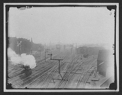 Birds-eye view of freight yards, New Zealand, 1895