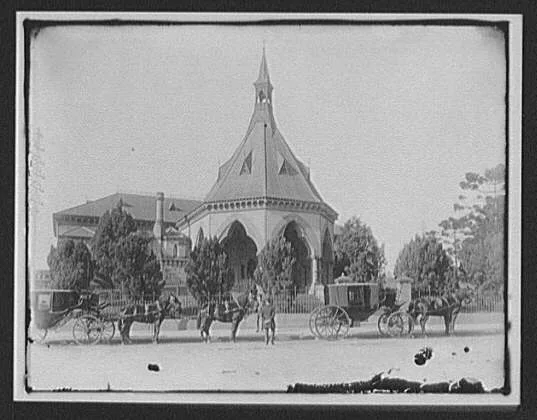 Horse-drawn carriages in front of church, New Zealand, 1895