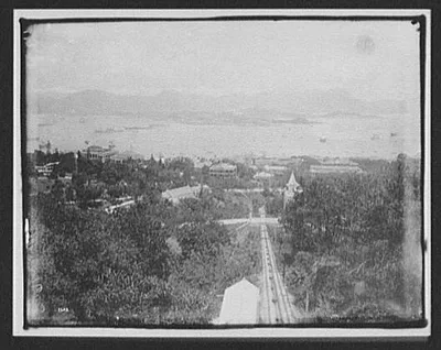 View of city looking down cable car tracks from Mt. Austen, Hong Kong, 1895