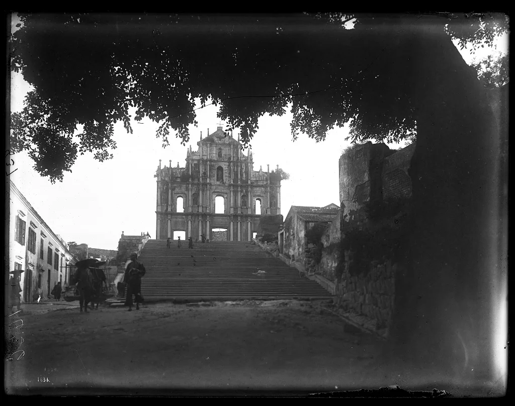 Western church facade at top of rows of stone steps, Macao, 1895