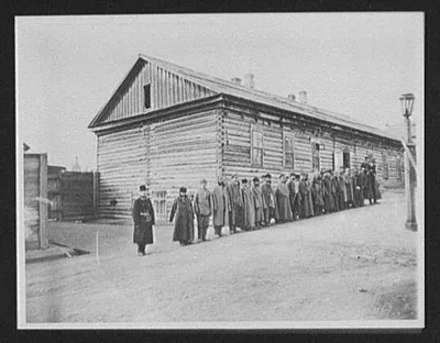 Convicts lined up outside dormitory at Khabarovsk, Russia, Khabarovsk, 1895