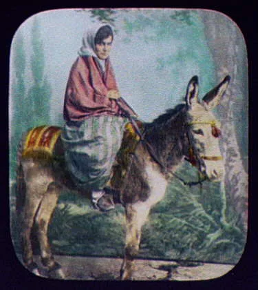 Young woman riding burro, Egypt, 1894