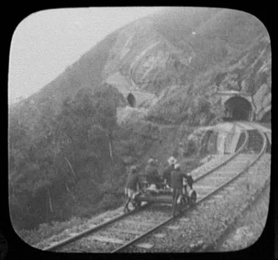 Railway section car approaching mountain tunnels, Sri Lanka, 1895