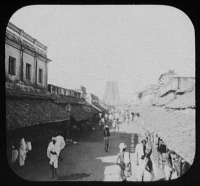 Madura - street scene with temple in background, Madurai, India, 1895