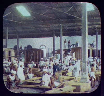 Indian workers constructing railway coaches, 1895