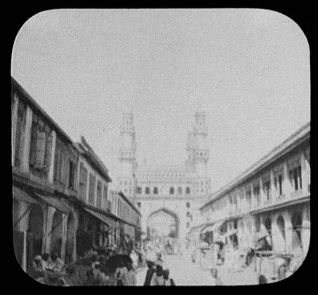 Hyderabad - street market scene leading to gates of Char-Minar, India, Hyderabad, 1895