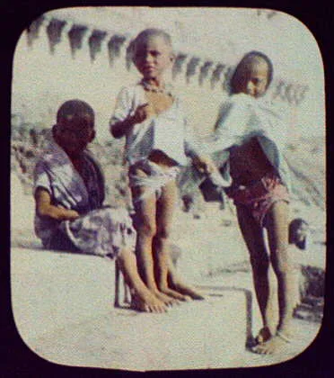 Benares - three small boys on stone steps, India, Varanasi, 1895