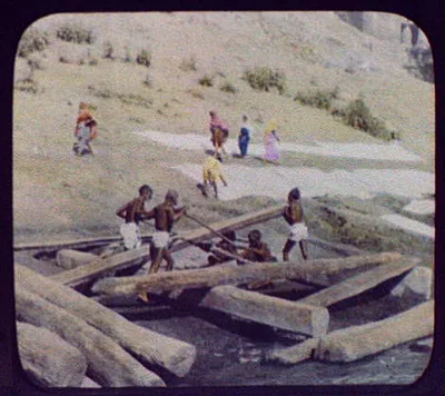 Benares - men sawing wood on the banks of the Ganges, India, Ganges River, Bangladesh, Varanasi, 1895