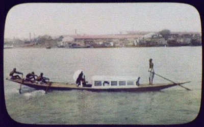 Calcutta - 3 oarsmen pulling long, narrow passenger boat, India, Calcutta, 1895