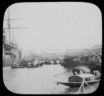 Calcutta - ocean freighter offloading at river front, India, Calcutta, 1895