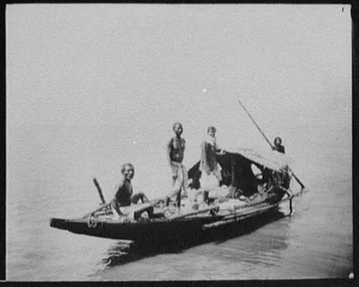 Four men on small Ganges fishing boat, India, Ganges River, Bangladesh, 1895