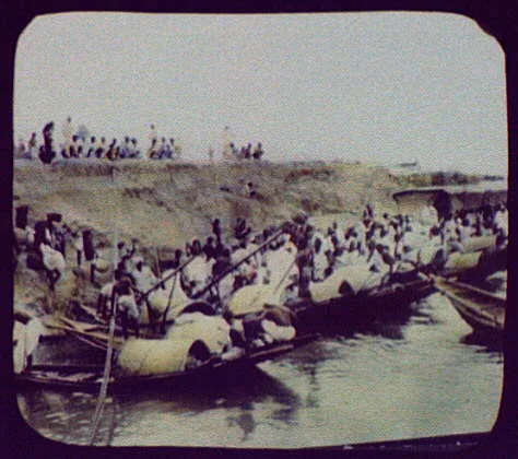 Fleet of fishing boat [sic] on bank of Ganges (?), India, Ganges River, Bangladesh, 1895