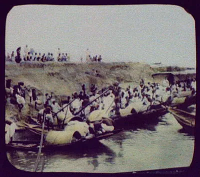 Fleet of fishing boat [sic] on bank of Ganges (?), India, Ganges River, Bangladesh, 1895