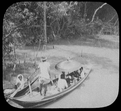 Bangkok - birds-eye view of family boat on water, Thailand, Bangkok, 1895