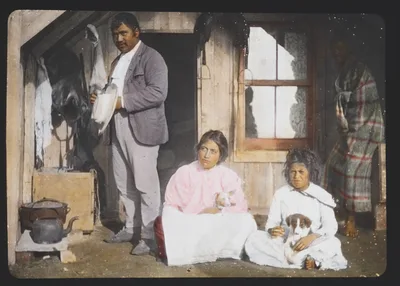 Bella - Maori woman with husband and child and 2 dogs in front of…, New Zealand, 1895