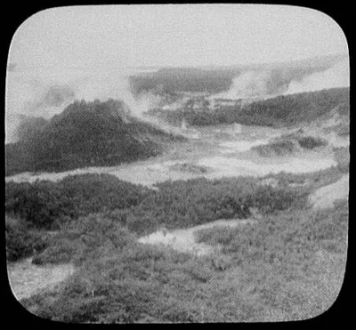 Whakarewarewa geysers on the Waikete geyser crater at Hot Springs, New Zealand, 1895