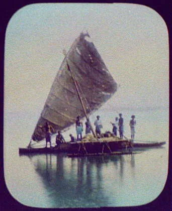 Nine men on sailing boat, Oceania, 1895