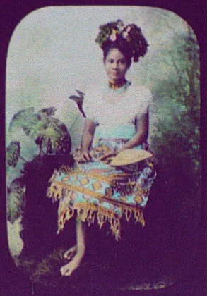 Woman seated, wearing brightly-colored skirt and blouse, Oceania, 1895
