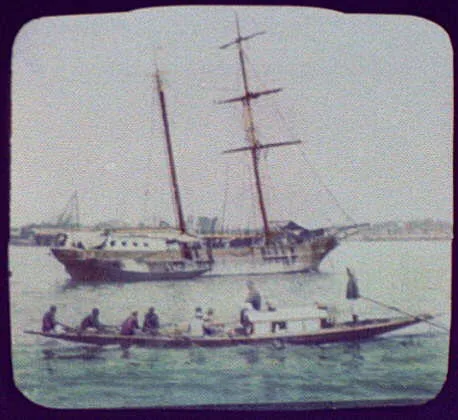 [Fast river passenger boat with brigantine ship in background, China], 1895