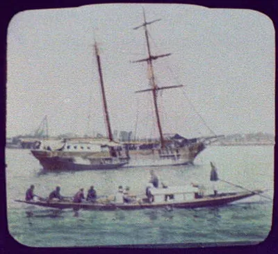 [Fast river passenger boat with brigantine ship in background, China], 1895