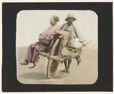 Woman seated in wheelbarrow pushed by men, China, 1895