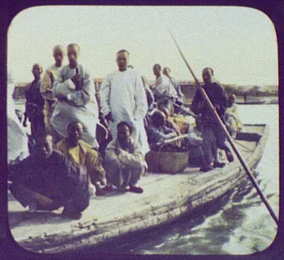 Chinese men on ferry boat, China, 1895
