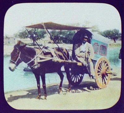 Peking - Pangborn seated on horsedrawn cart, Beijing, China, 1895