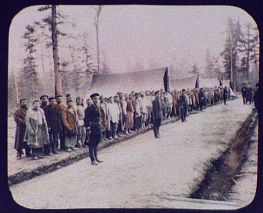 A company of convicts lining up for roll call, Siberia, 1895