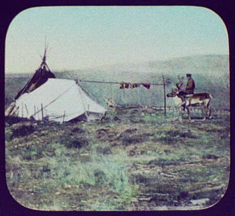 Soldier riding reindeer at survey camp of Eastern Siberian Railway, 1895