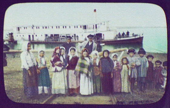 Russian children at Iman (?) - steamer on Ussuri River in background, Iman, Ussuri River, China, Russia, 1895