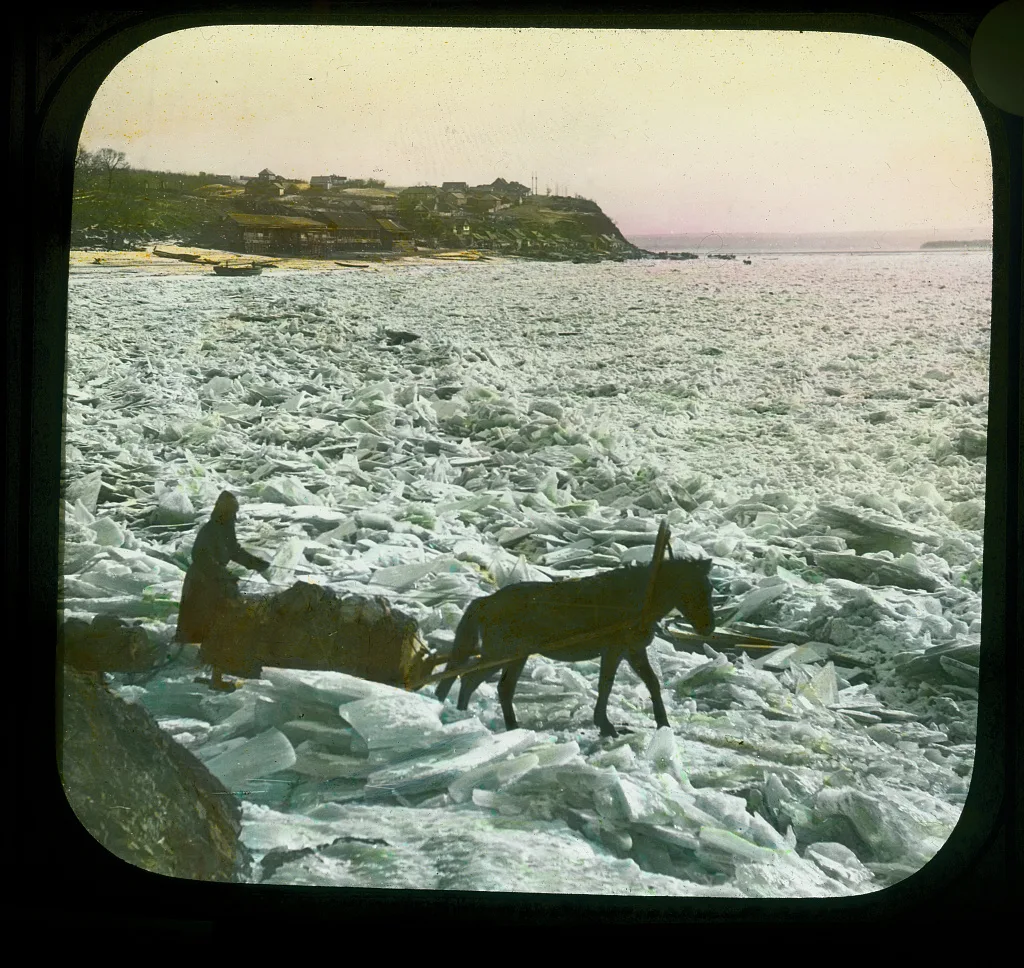 Pony-drawn sledge on rough ice of Amur River at Khabarovsk, Amur River, China, Khabarovsk, Russia, 1895