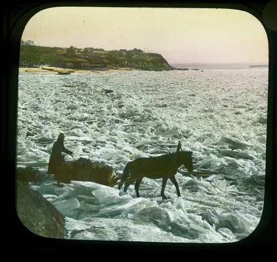 Pony-drawn sledge on rough ice of Amur River at Khabarovsk, Amur River, China, Khabarovsk, Russia, 1895