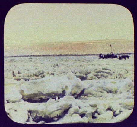 Pony-drawn sledge on rough ice of Amur River after first freezing, Russia, China, Amur River, 1895
