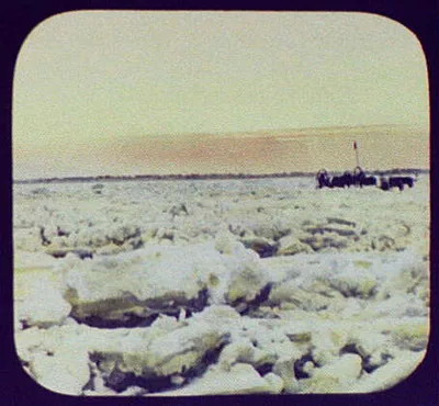 Pony-drawn sledge on rough ice of Amur River after first freezing, Russia, China, Amur River, 1895