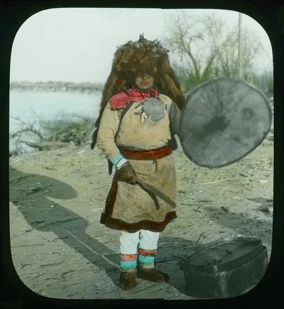 Goldes shaman priest in his regalia, Siberia, 1895