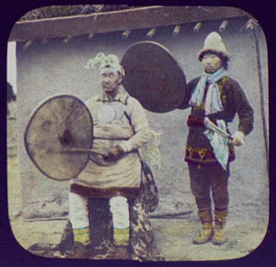 Goldi shaman priest and assistant, Siberia, 1895