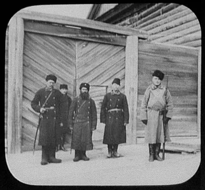 Convict prison guards at gate of building - Khabarovsk, Khabarovsk, Russia, 1895