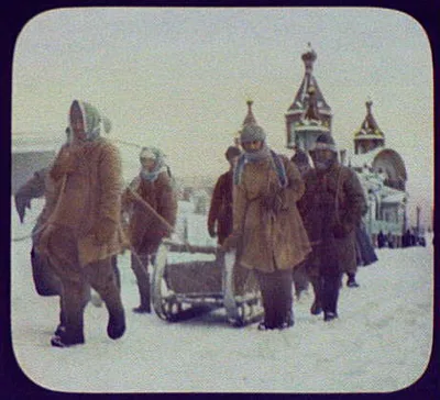 Khabarovsk (?) - convicts marching under guard; church in background, Khabarovsk, Russia, 1895
