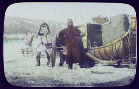 Man standing beside horse-drawn carriage sledge, Siberia, 1896