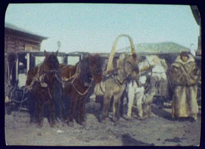Pony sledge teams at post house on Great Siberian Highway, 1896