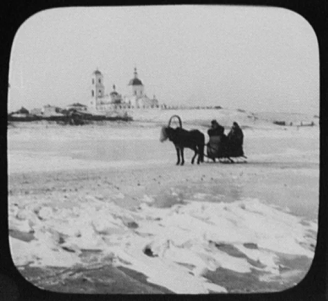 Krasnoyarsk - distant view of church with pony-drawn sledge in…, Krasnoyarsk, Russia, 1896